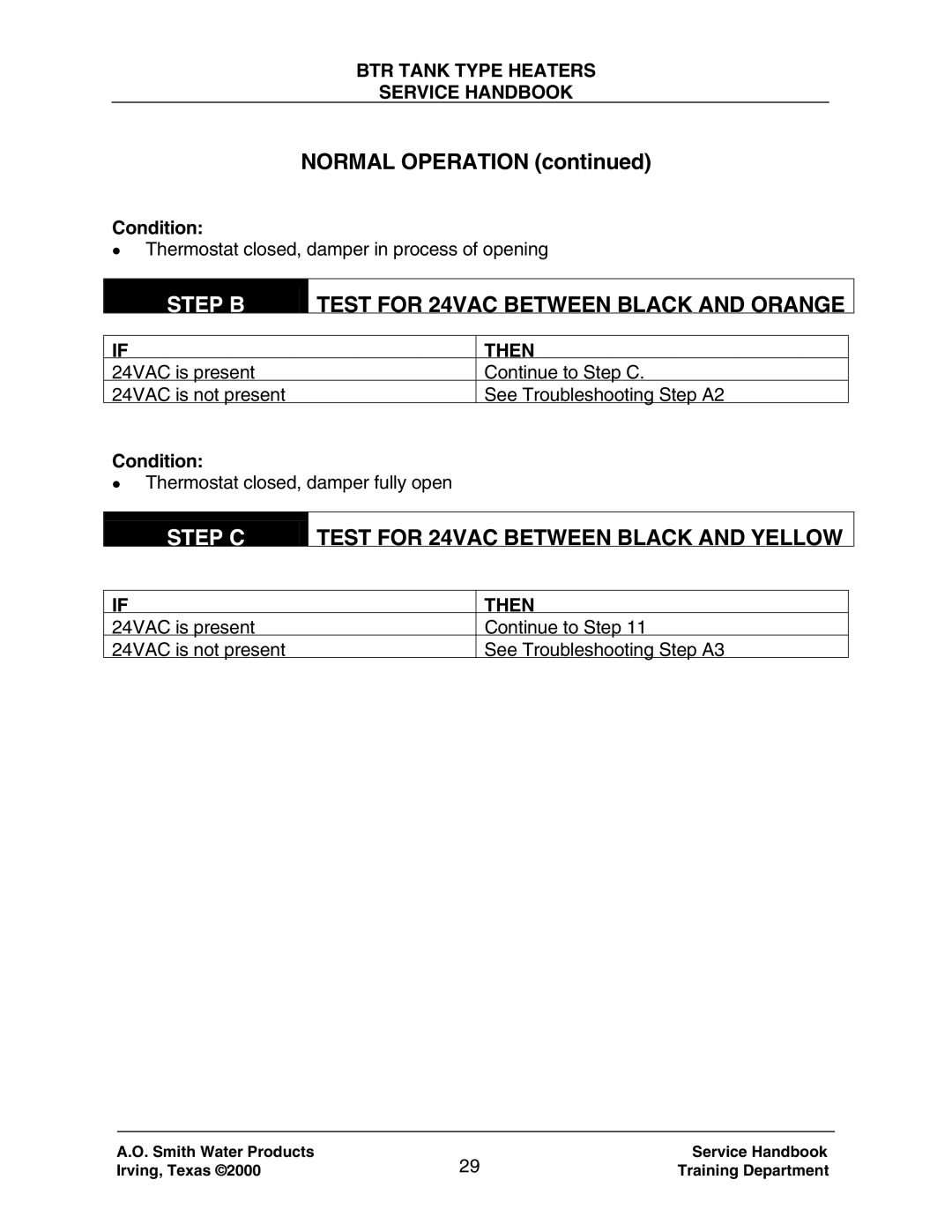 A.O. Smith 120 trough 500 manual Normal Operation, Step B, Step C Test for 24VAC Between Black and Yellow 