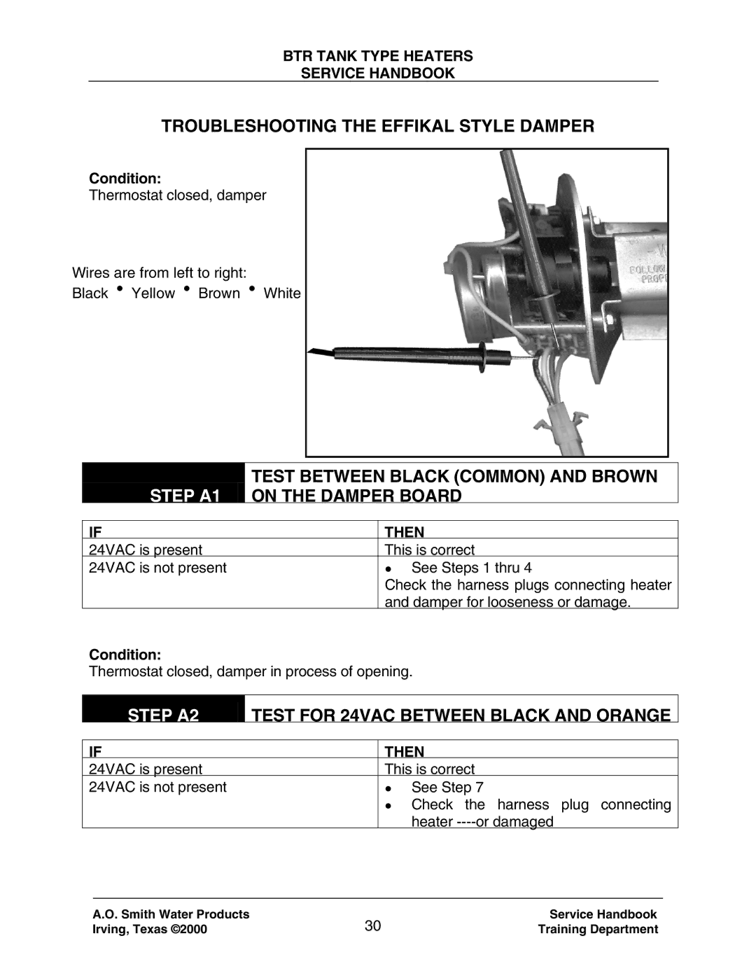 A.O. Smith 120 trough 500 Troubleshooting the Effikal Style Damper, Step A1, Test Between Black Common and Brown, Step A2 