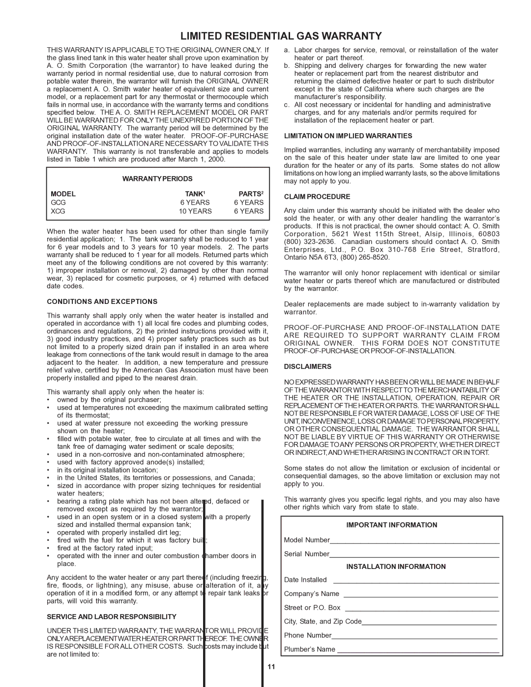 A.O. Smith 184769-000 Warranty Periods Model, Parts, Conditions and Exceptions, Service and Labor Responsibility 