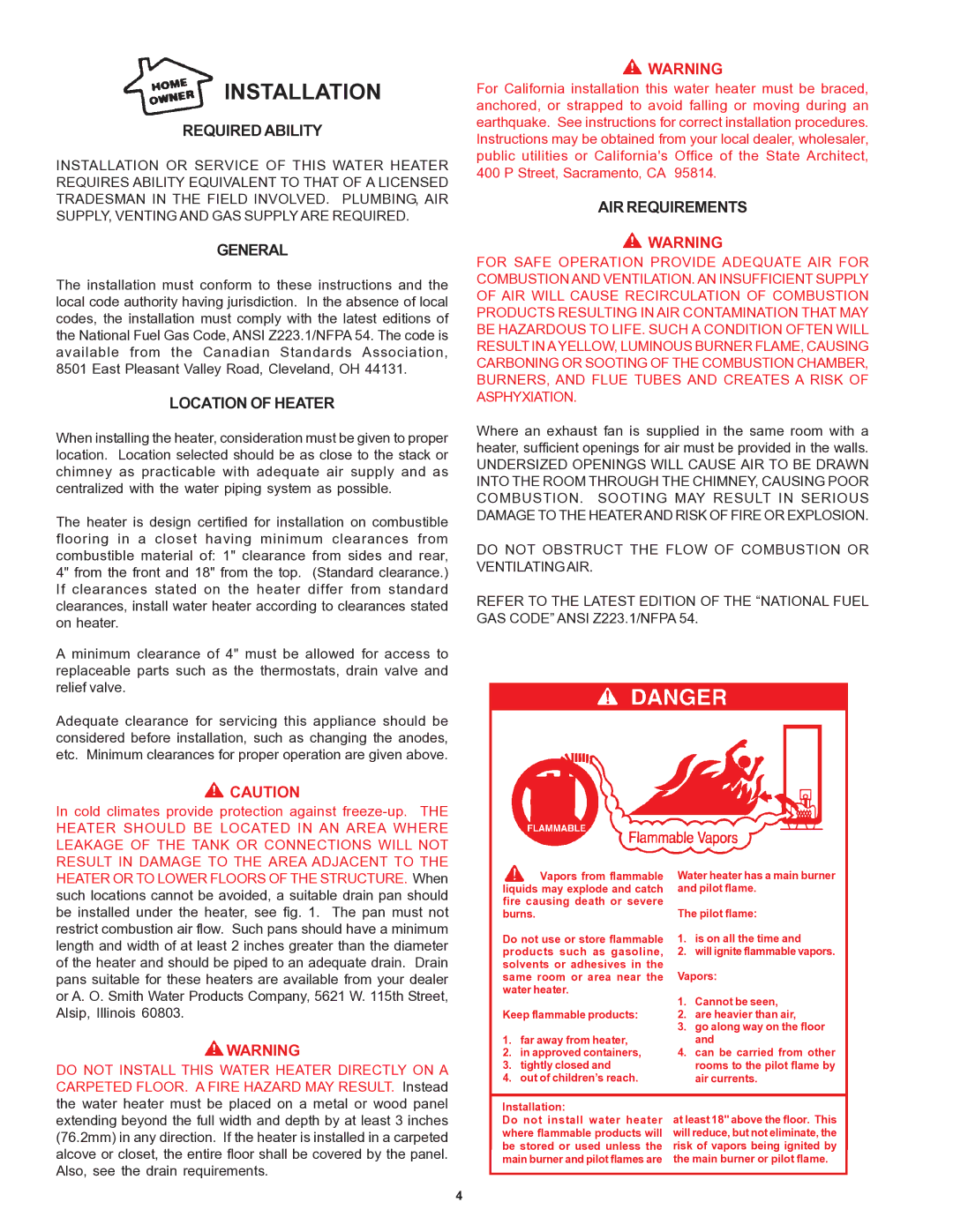 A.O. Smith 184769-000 owner manual Installation, Required Ability, General, Location of Heater, AIR Requirements 