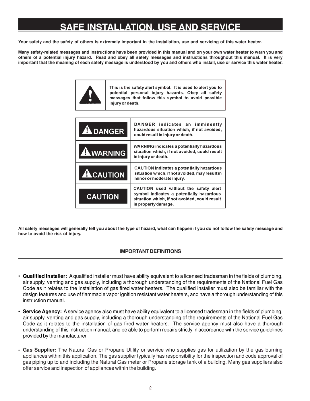 A.O. Smith 185363-001 instruction manual Safe INSTALLATION, USE and Service, Important Definitions 