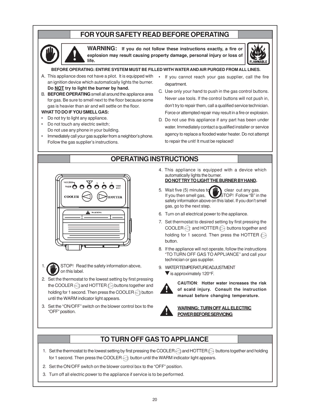 A.O. Smith 185363-001 Do not try to light the burner by hand, What to do if YOU Smell GAS, Watertemperatureadjustment 