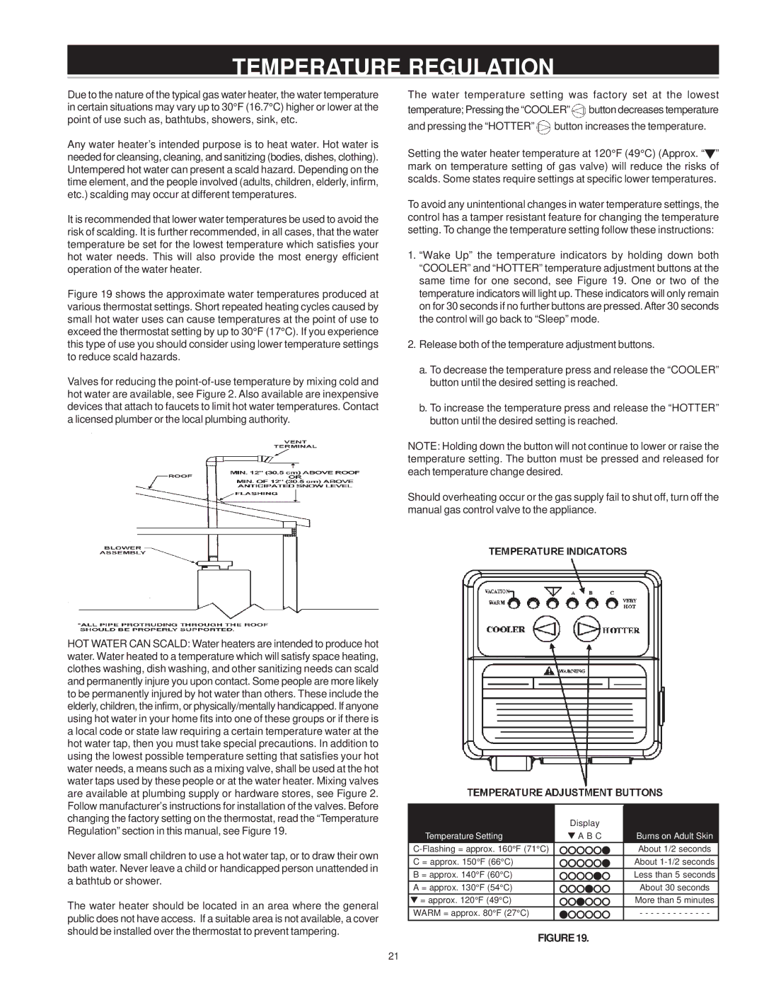 A.O. Smith 185363-001 instruction manual Temperature Regulation, Temperature Setting Burns on Adult Skin 