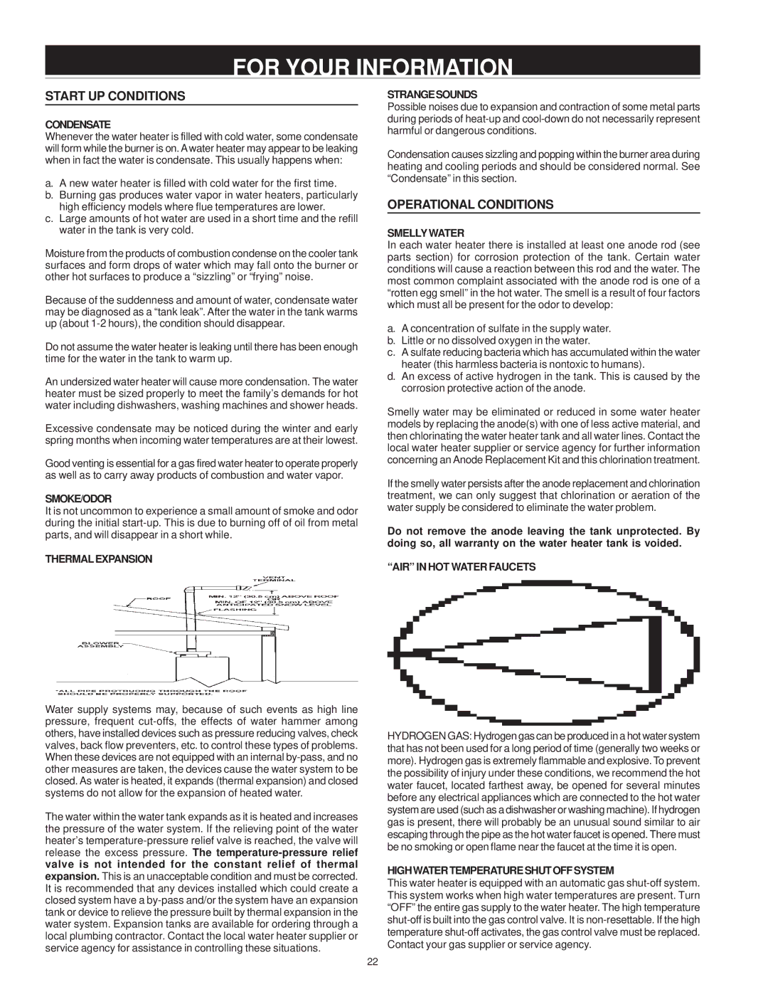 A.O. Smith 185363-001 instruction manual For Your Information, Start UP Conditions, Operational Conditions 