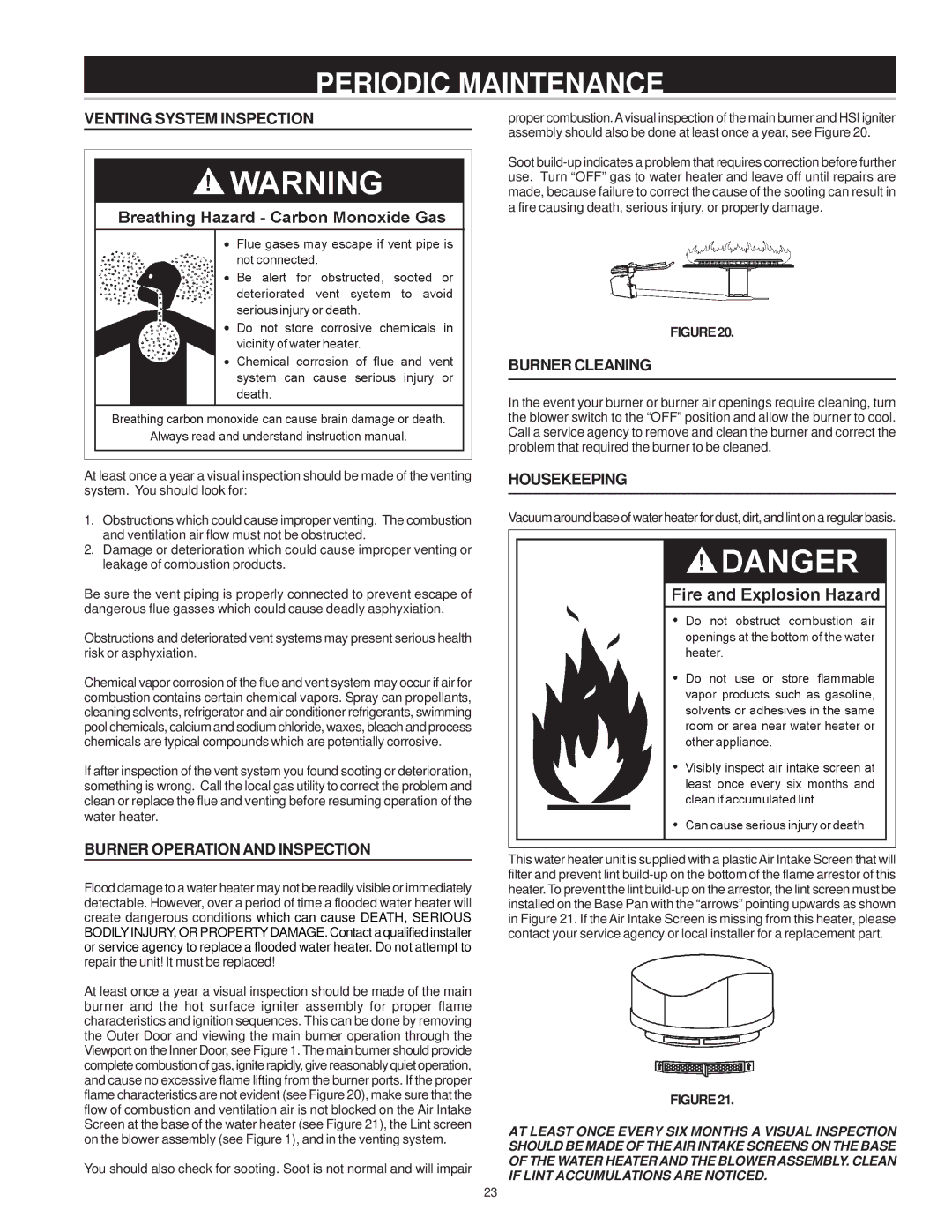 A.O. Smith 185363-001 Periodic Maintenance, Venting System Inspection, Burner Operation and Inspection, Burner Cleaning 