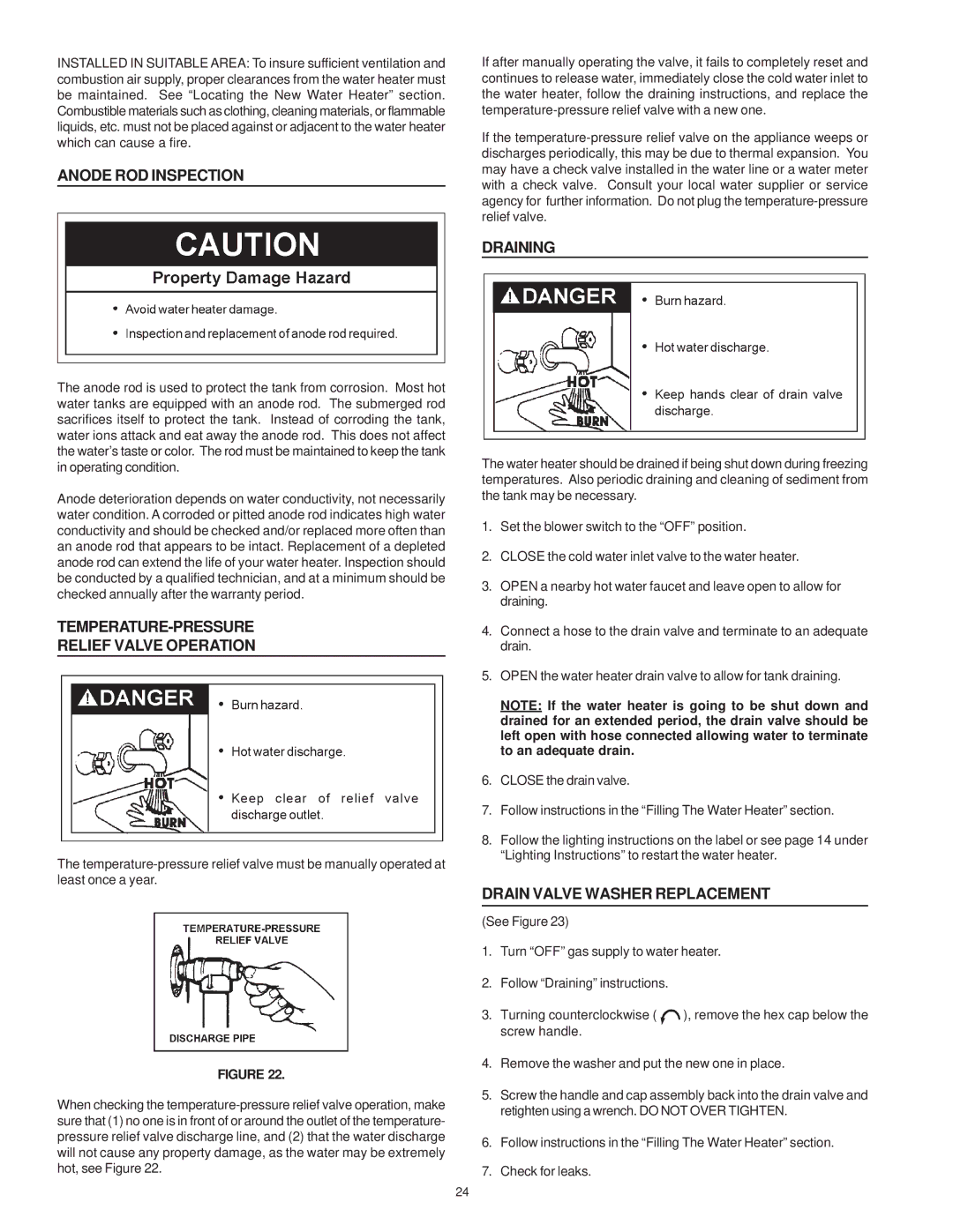 A.O. Smith 185363-001 instruction manual Anode ROD Inspection, TEMPERATURE-PRESSURE Relief Valve Operation, Draining 