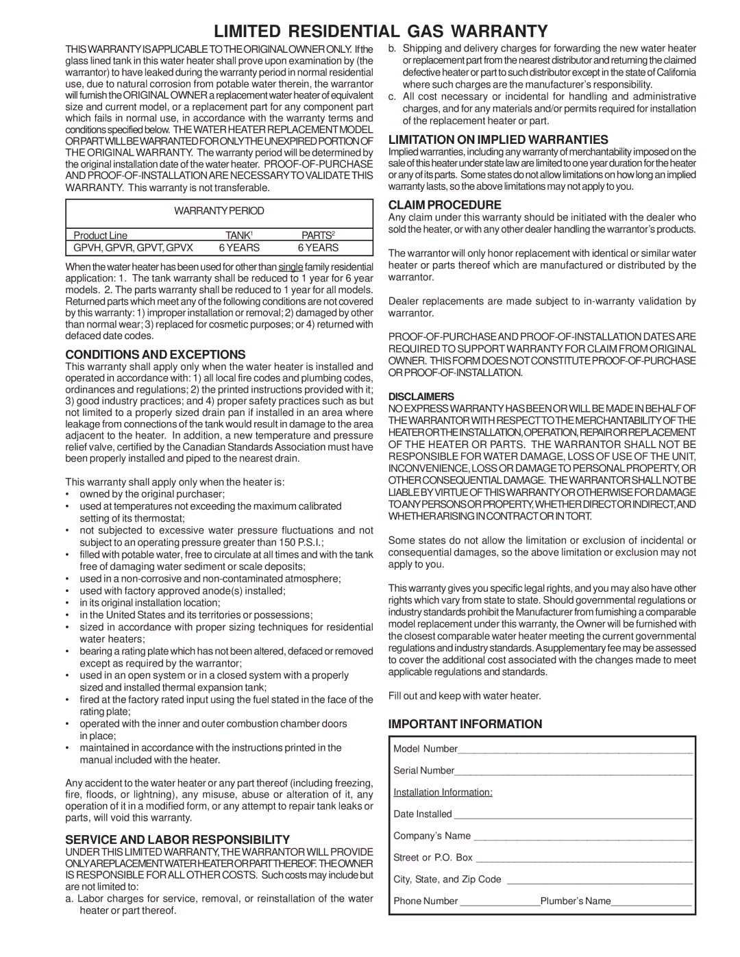 A.O. Smith 185363-001 Conditions and Exceptions, Service and Labor Responsibility, Limitation on Implied Warranties 