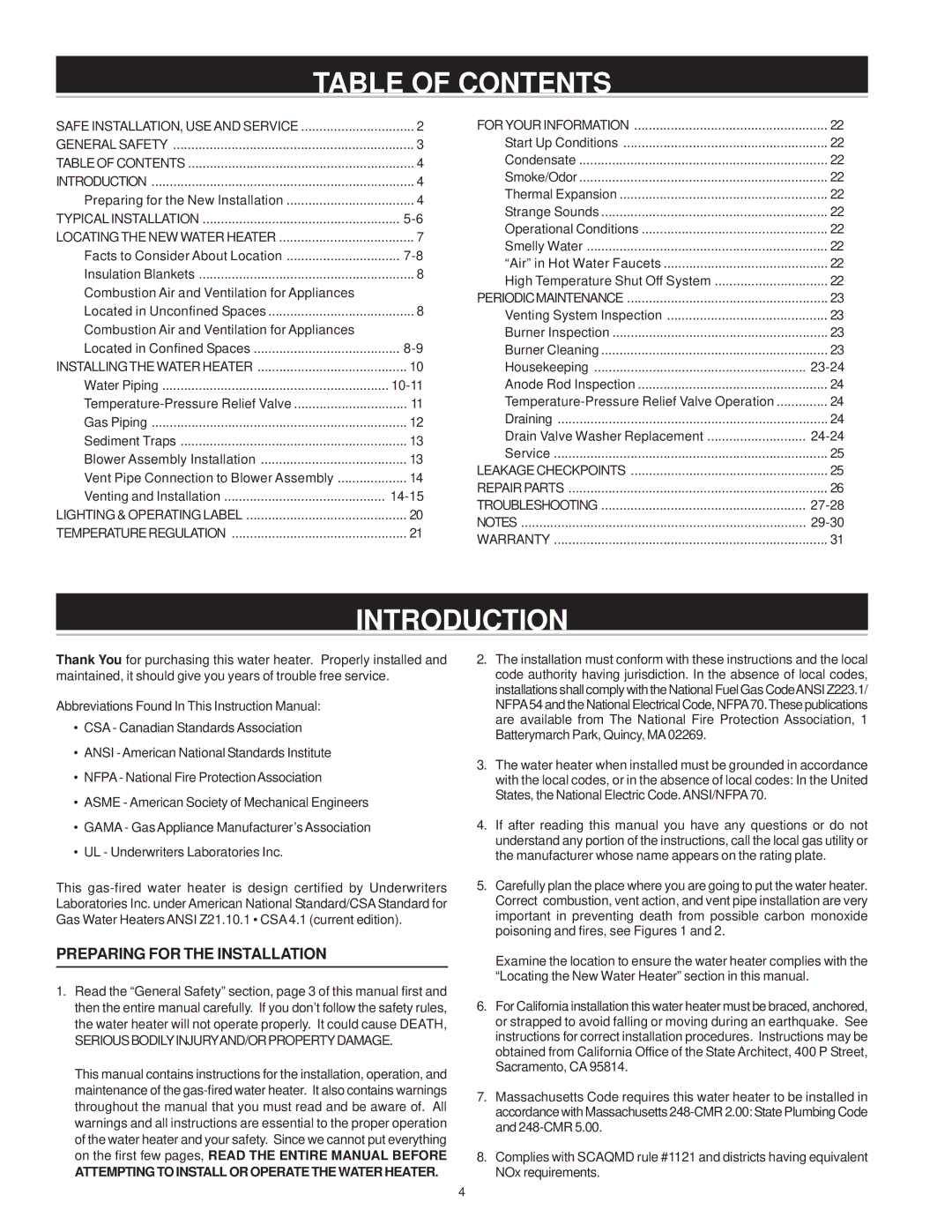 A.O. Smith 185363-001 instruction manual Table of Contents, Introduction 