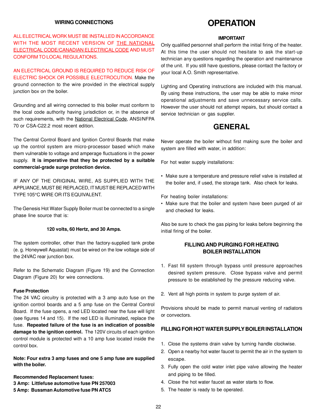 A.O. Smith 1500, 200, 201, 2500 Operation, General, Wiring Connections, Filling and Purging for Heating Boiler Installation 