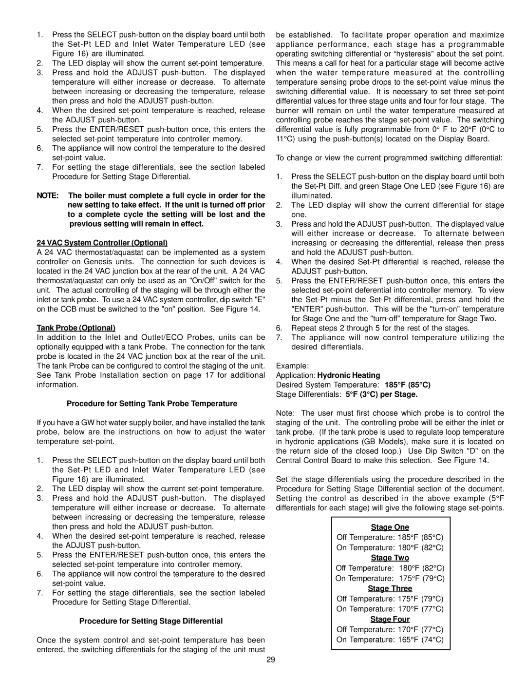 A.O. Smith 1300, 200, 201 Procedure for Setting Tank Probe Temperature, Procedure for Setting Stage Differential, Stage One 