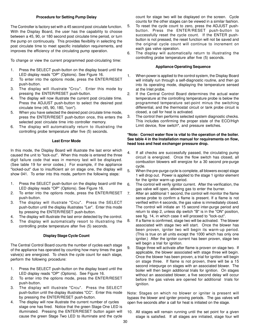 A.O. Smith 1500 Procedure for Setting Pump Delay, Last Error Mode, Display Stage Cycle Count, Appliance Operating Sequence 