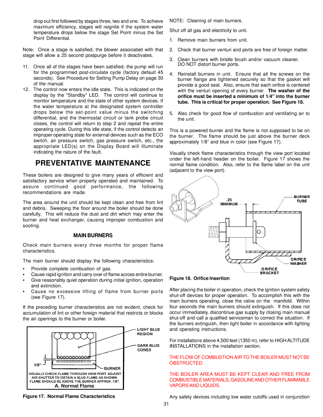 A.O. Smith 1000, 200, 201, 2500, 2100, 1850, 1300, 1500 instruction manual Preventative Maintenance, Main Burners 