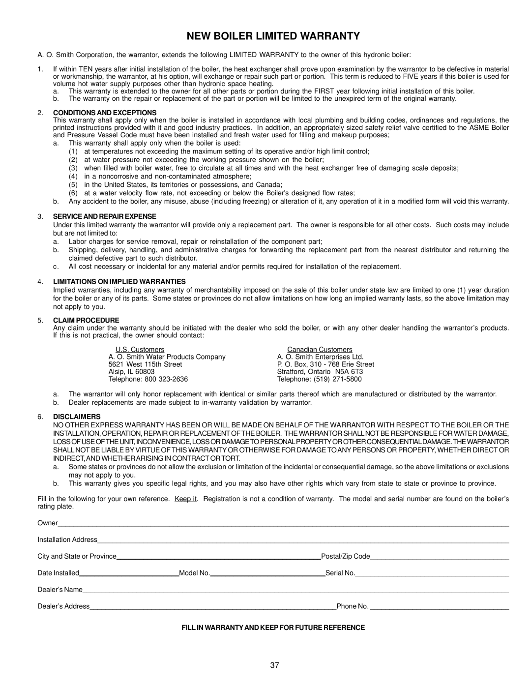 A.O. Smith 2100, 200, 201, 2500, 1850, 1300, 1500, 1000 instruction manual NEW Boiler Limited Warranty 