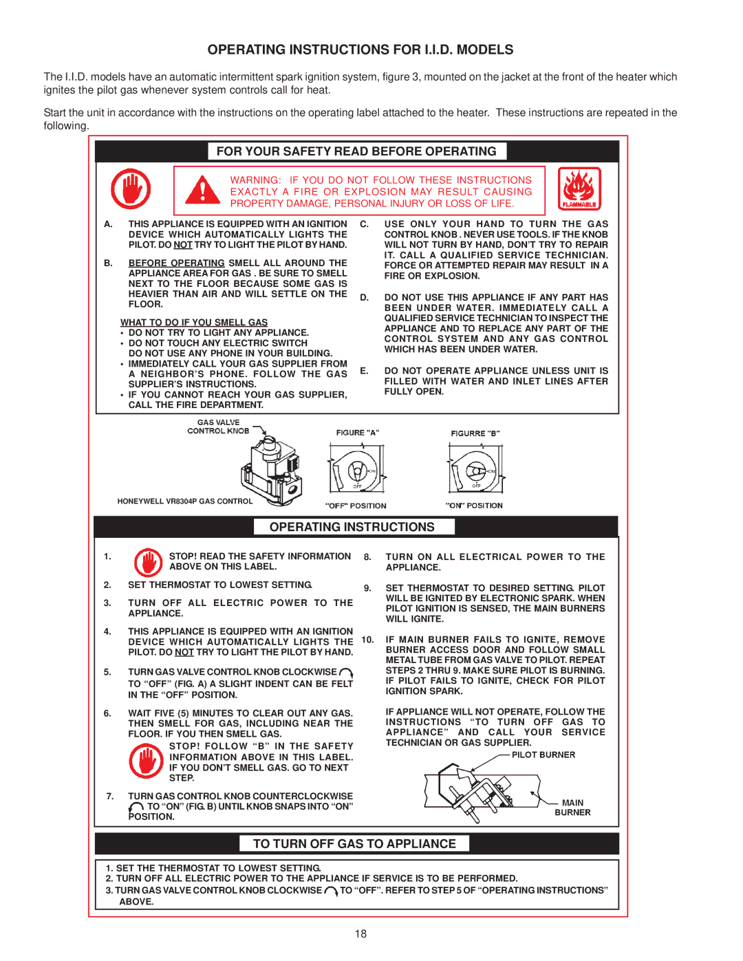 A.O. Smith HW-120M, 225M, 200M, 160M warranty Operating Instructions for I.I.D. Models, For Your Safety Read Before Operating 