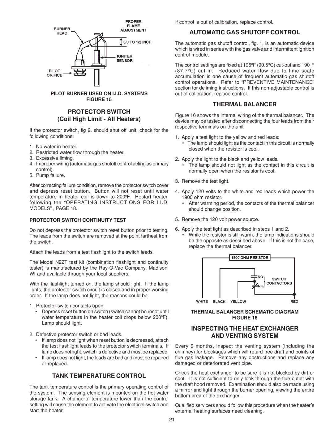 A.O. Smith 200M, 225M Protector Switch, Inspecting the Heat Exchanger Venting System, Pilot Burner Used on I.I.D. Systems 