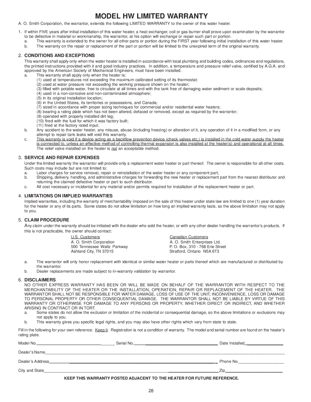 A.O. Smith 225M Conditions and Exceptions, Service and Repair Expenses, Limitations on Implied Warranties, Claim Procedure 