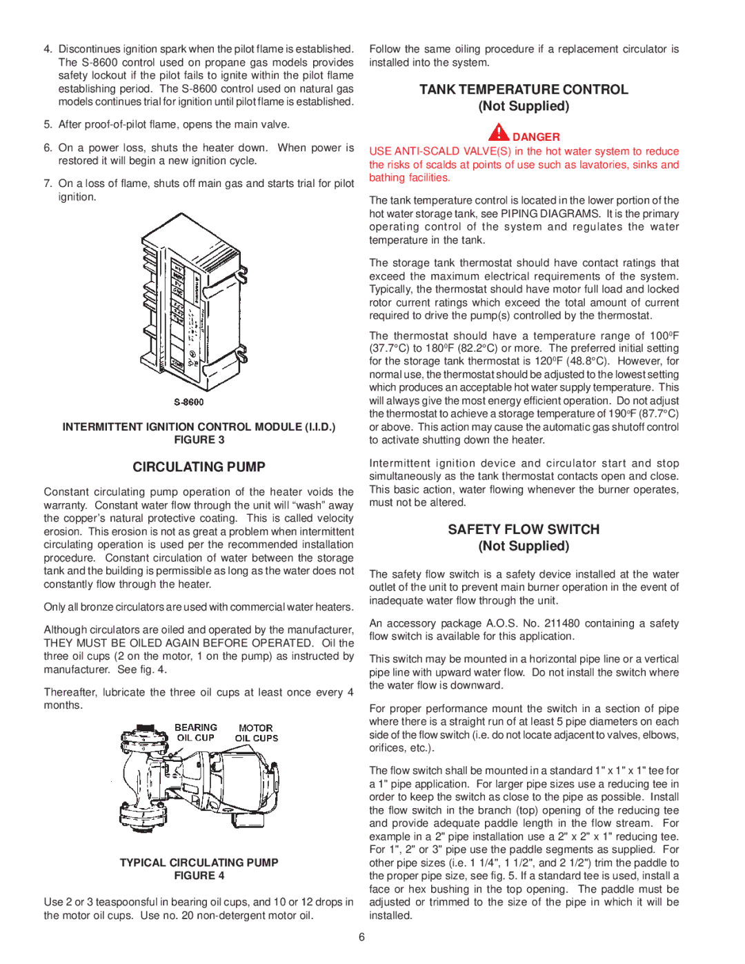 A.O. Smith HW-120M, 225M, 200M, 160M warranty Tank Temperature Control, Safety Flow Switch, Typical Circulating Pump 