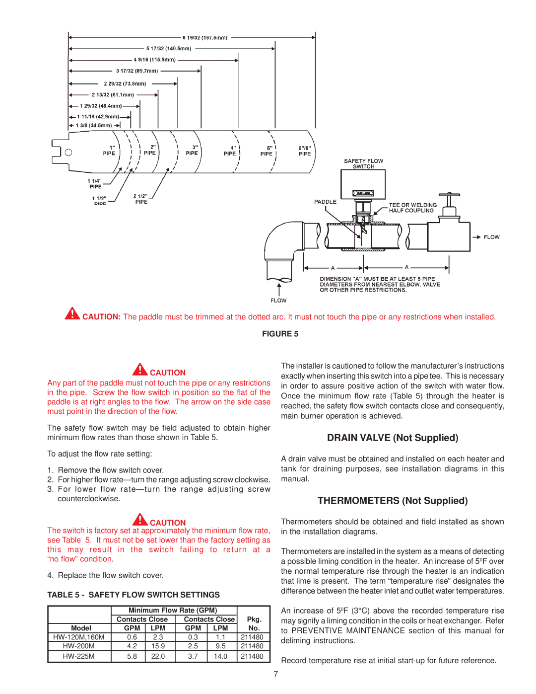 A.O. Smith 160M, 225M, 200M, HW-120M warranty Drain Valve Not Supplied, Safety Flow Switch Settings 