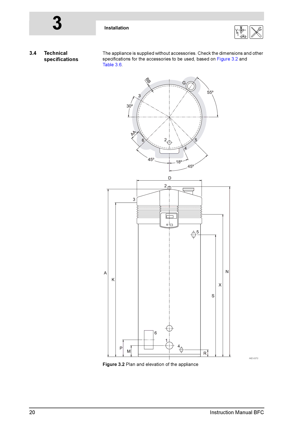 A.O. Smith 28 30 50 60 service manual Technical specifications, Plan and elevation of the appliance 