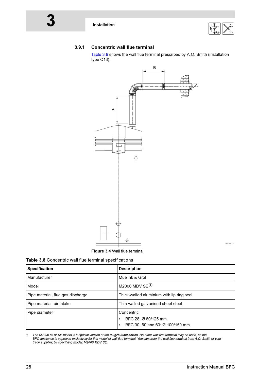 A.O. Smith 28 30 50 60 service manual Concentric wall flue terminal, Specification Description 