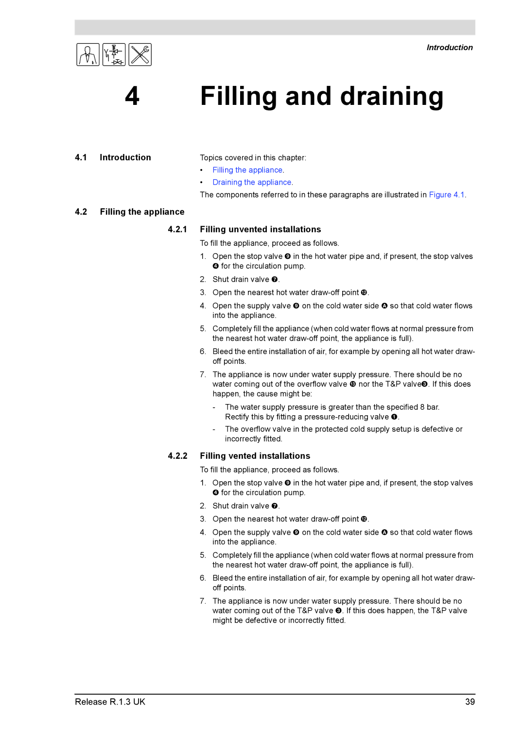 A.O. Smith 28 30 50 60 Filling and draining, Filling the appliance Filling unvented installations, Draining the appliance 