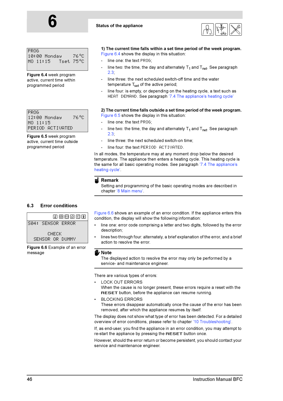 A.O. Smith 28 30 50 60 service manual Error conditions, Status of the appliance 