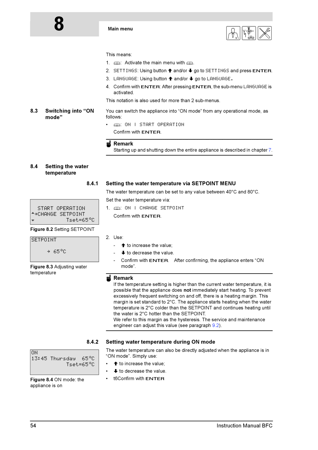 A.O. Smith 28 30 50 60 Switching into on mode Setting the water temperature, Setting water temperature during on mode 