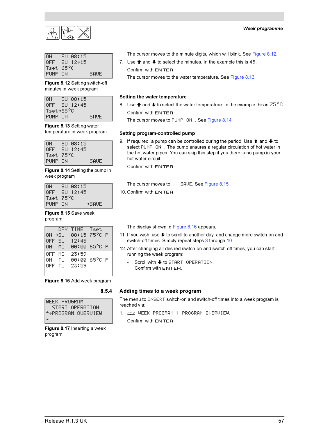 A.O. Smith 28 30 50 60 Adding times to a week program, Week programme, Setting the water temperature, Save . See Figure 