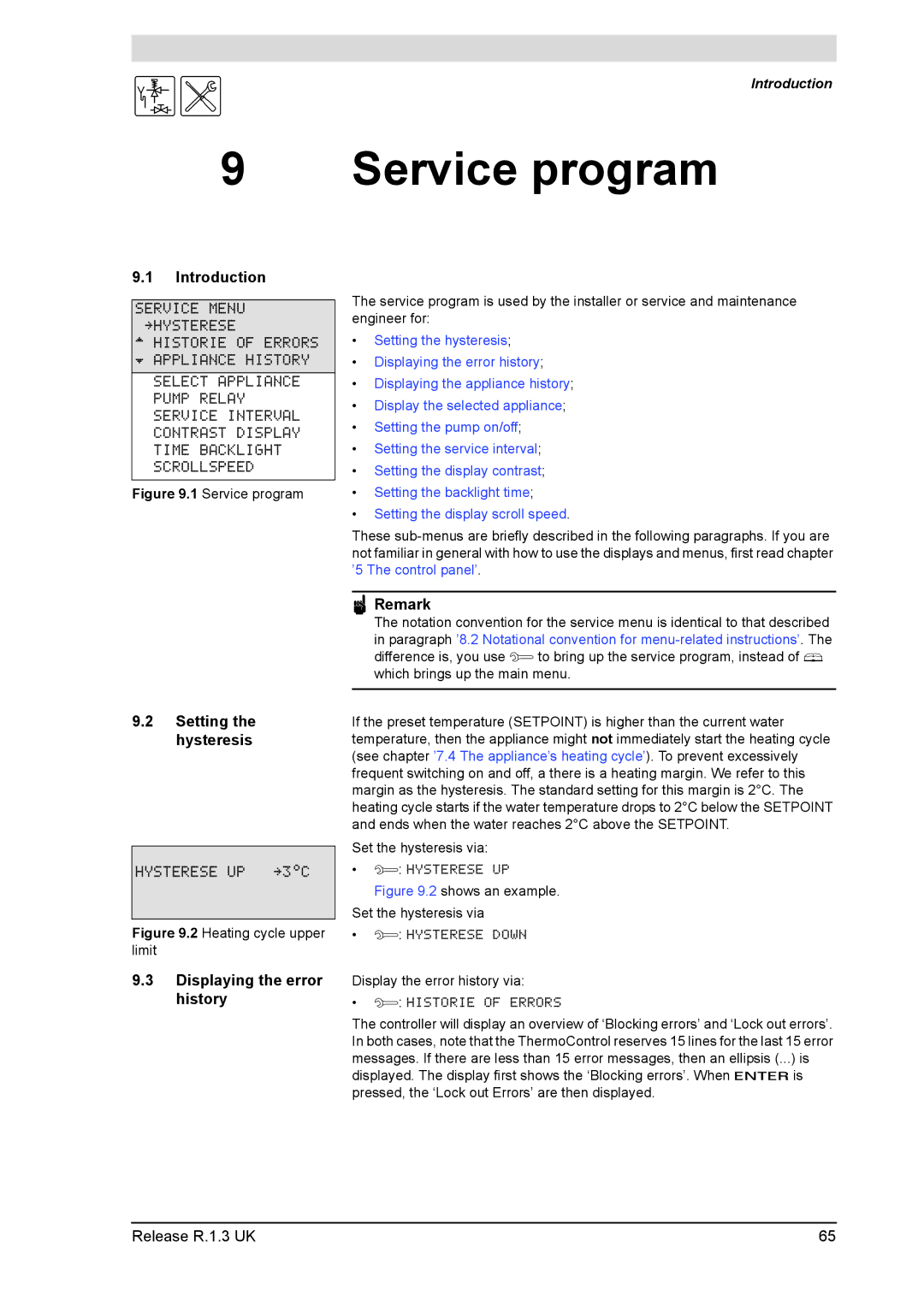 A.O. Smith 28 30 50 60 service manual Service program, Setting the hysteresis, Displaying the error history 