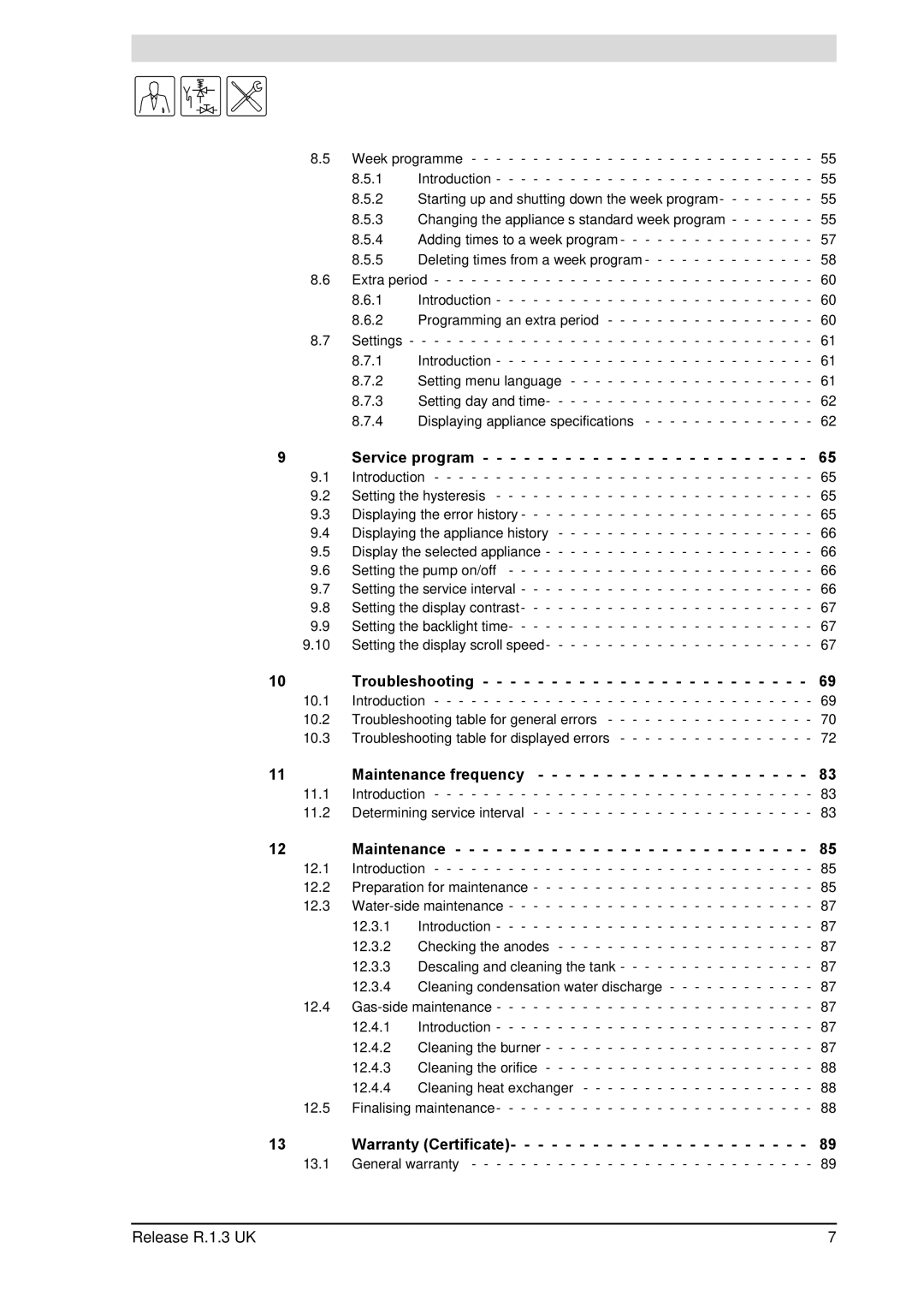 A.O. Smith 28 30 50 60 service manual Service program, Troubleshooting, Maintenance frequency, Warranty Certificate 