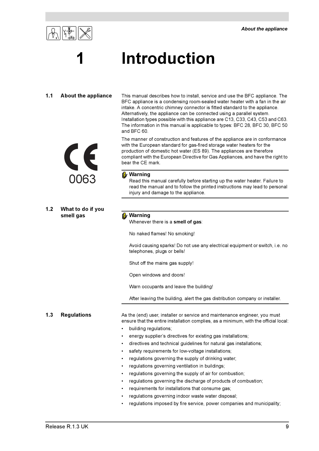 A.O. Smith 28 30 50 60 service manual Introduction, What to do if you smell gas Regulations, About the appliance 