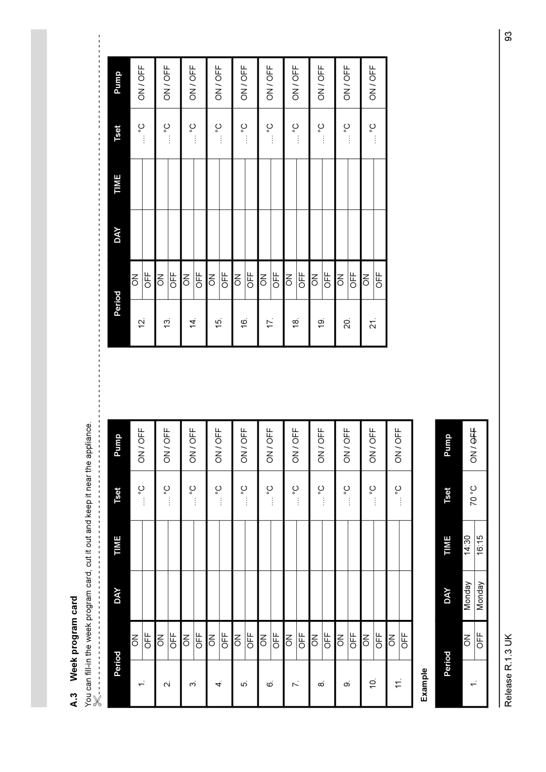 A.O. Smith 28 30 50 60 service manual Week program card, Example 