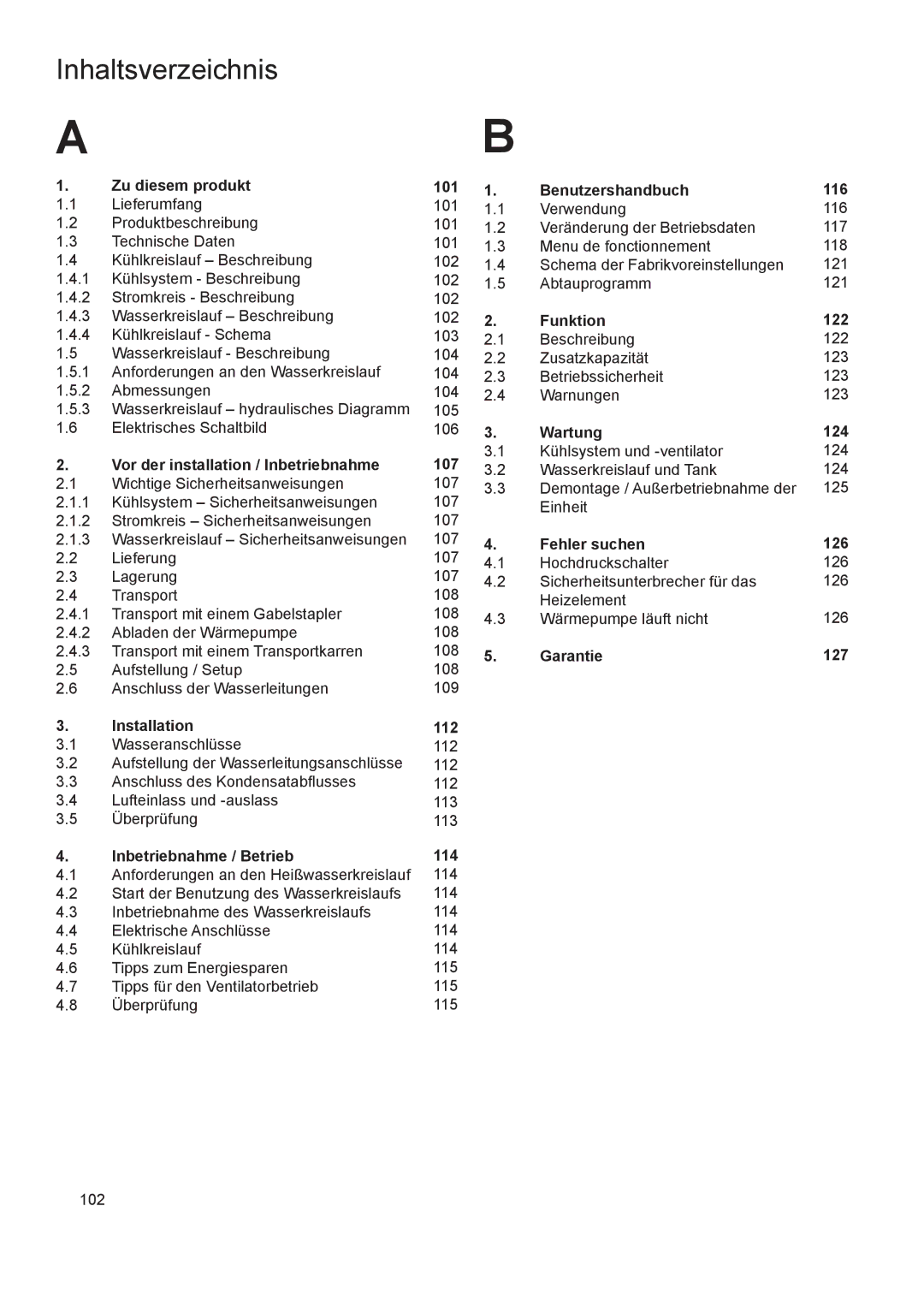 A.O. Smith 290 service manual Zu diesem produkt 101 Benutzershandbuch 116, Funktion 122, Fehler suchen 126, Garantie 127 