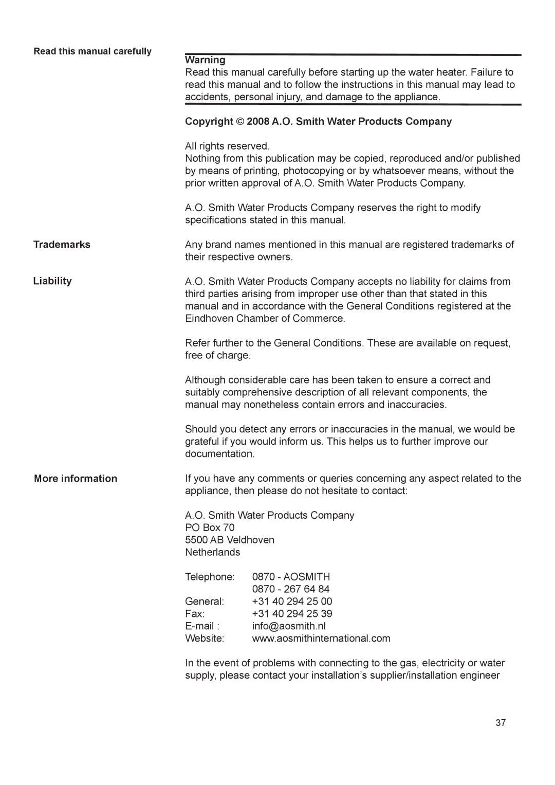 A.O. Smith 290 service manual Copyright 2008 A.O. Smith Water Products Company, Read this manual carefully 