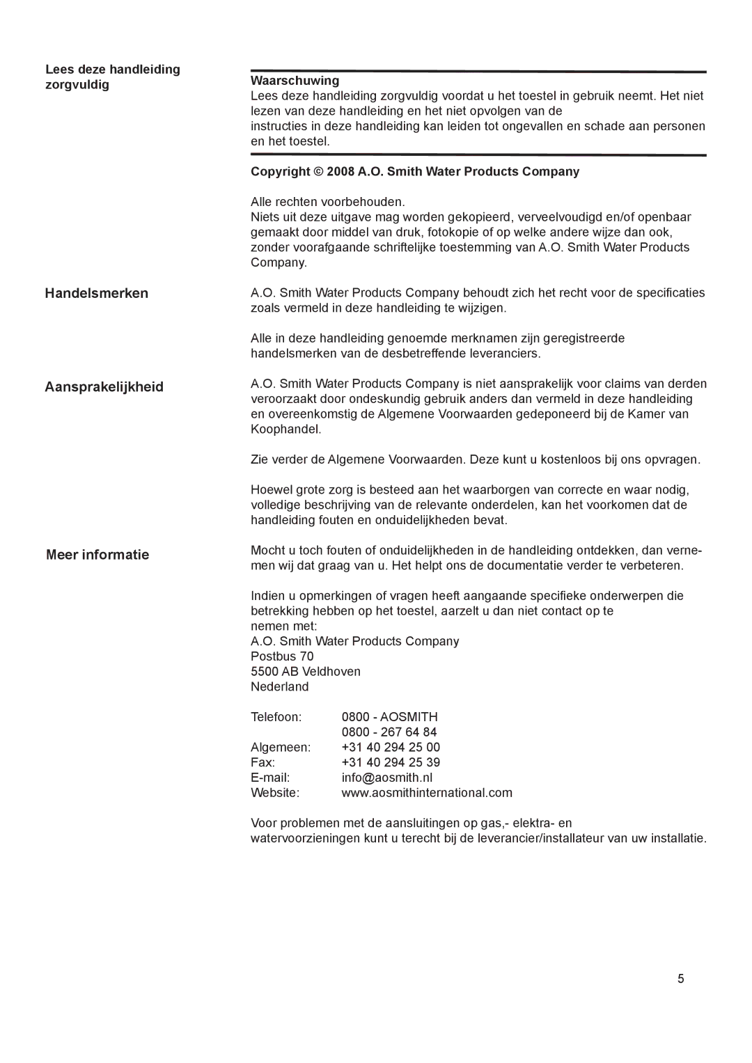 A.O. Smith 290 Lees deze handleiding zorgvuldig, Waarschuwing, Copyright 2008 A.O. Smith Water Products Company 