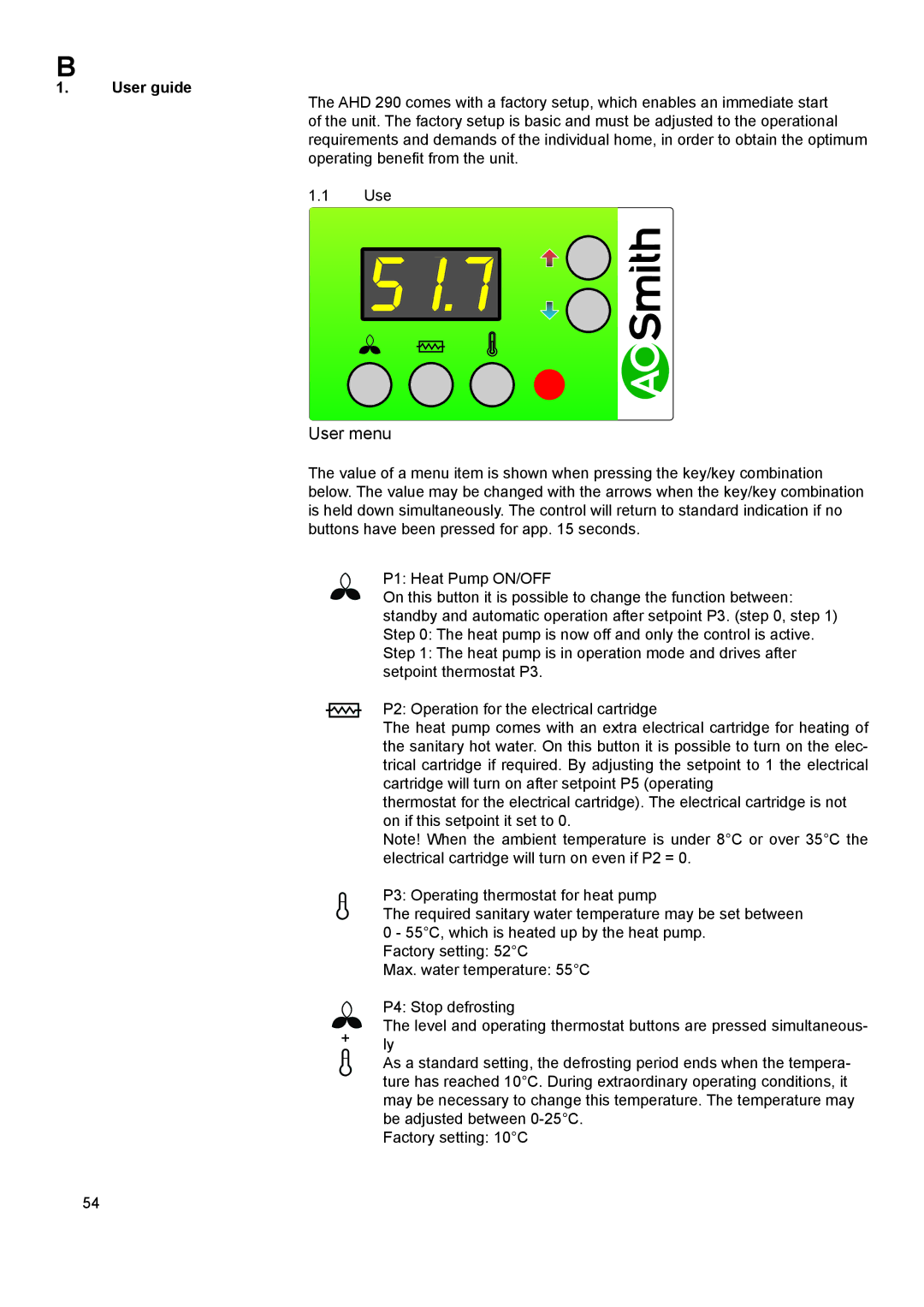 A.O. Smith 290 service manual User menu 