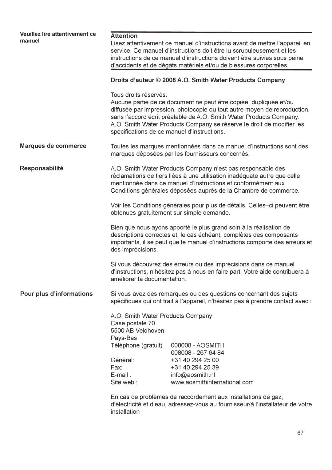 A.O. Smith 290 Marques de commerce Responsabilité Pour plus d’informations, Veuillez lire attentivement ce manuel 