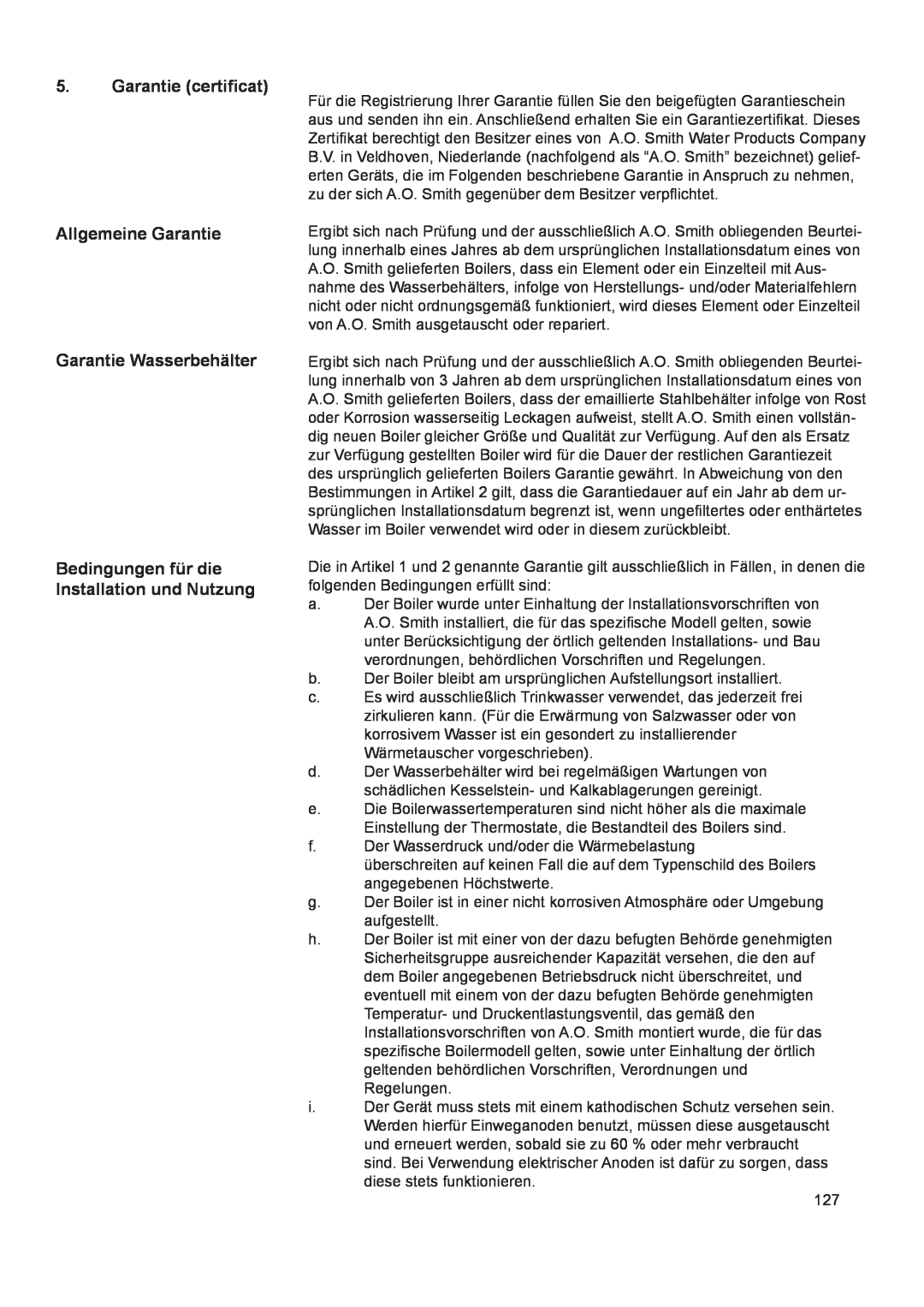 A.O. Smith 290 service manual Garantie certificat Allgemeine Garantie, Garantie Wasserbehälter 