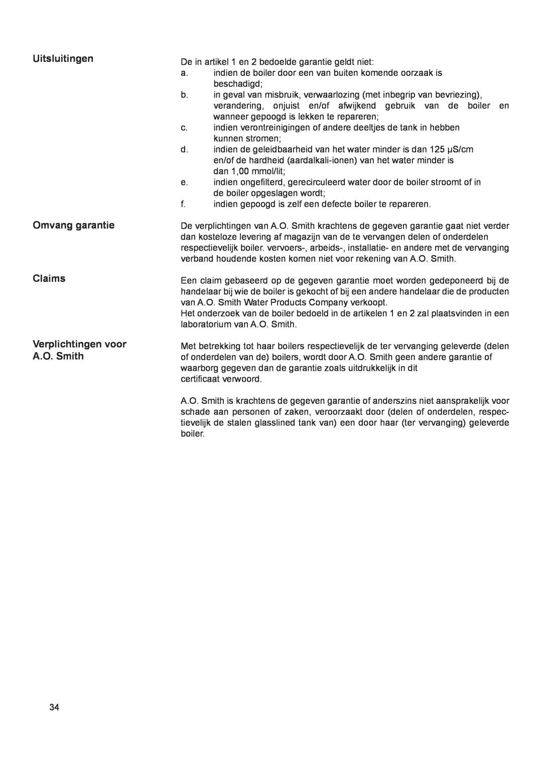 A.O. Smith 290 service manual Uitsluitingen Omvang garantie Claims, Verplichtingen voor A.O. Smith 