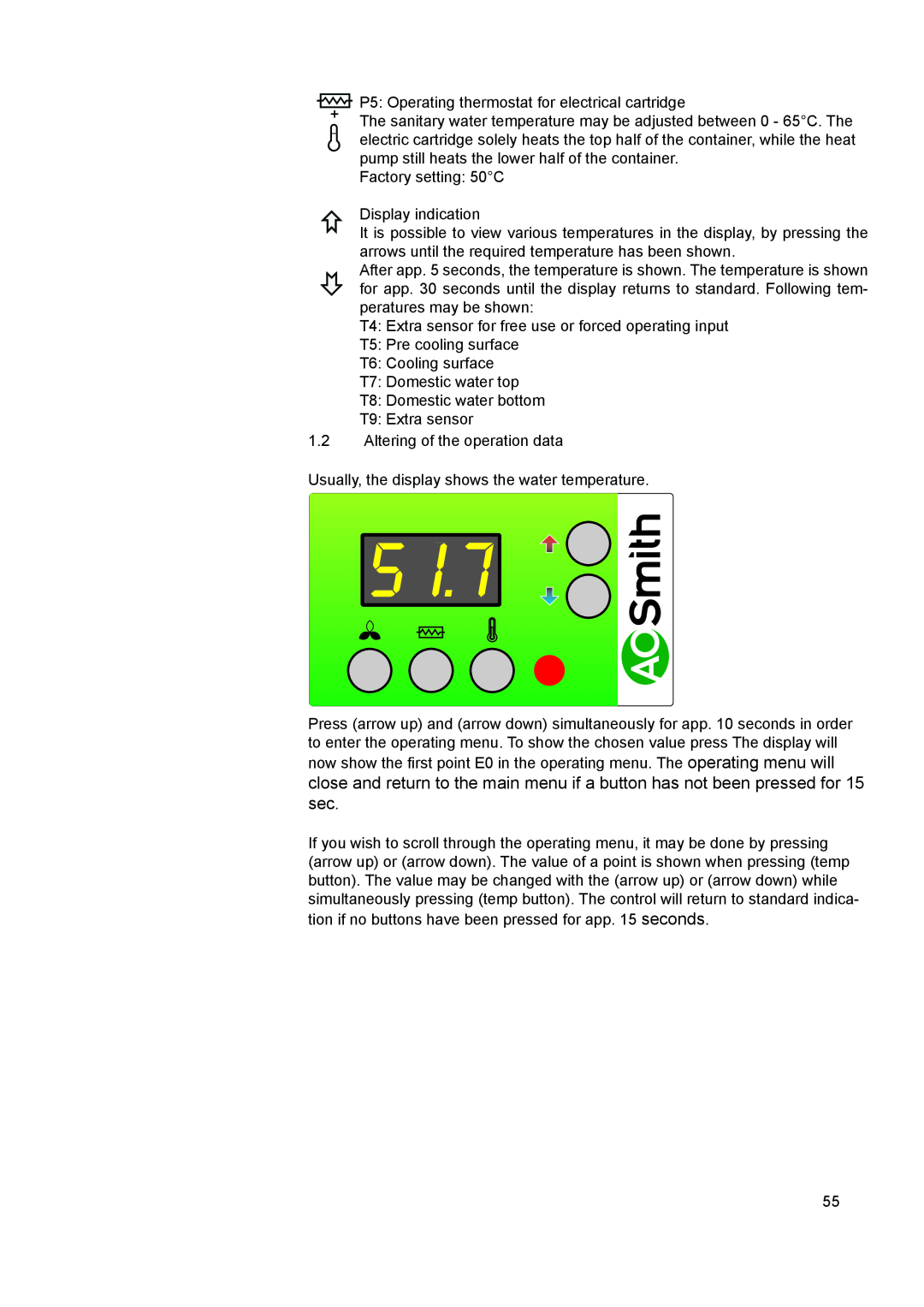 A.O. Smith 290 service manual P5: Operating thermostat for electrical cartridge, Factory setting: 50C Display indication 
