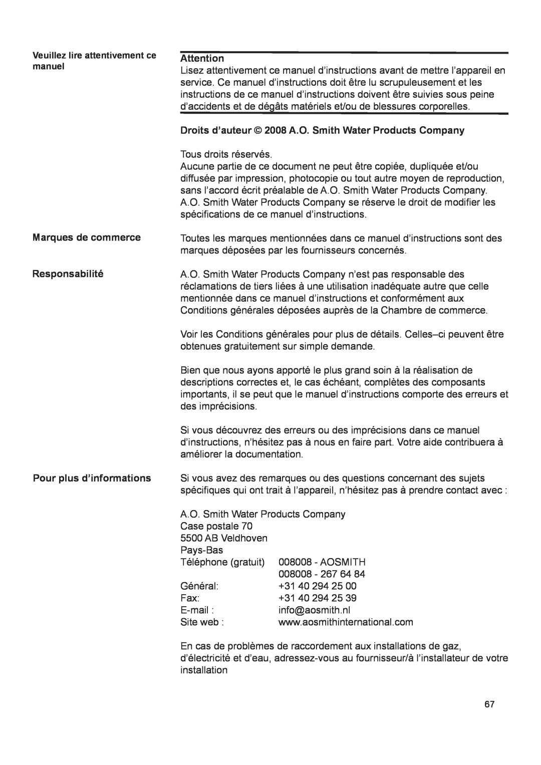 A.O. Smith 290 service manual Marques de commerce Responsabilité, Pour plus d’informations 