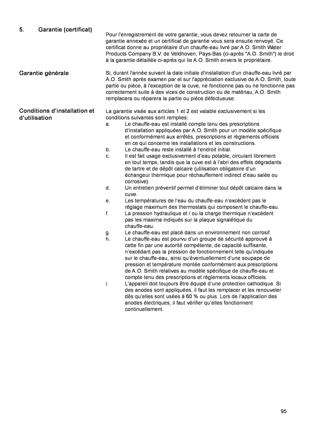 A.O. Smith 290 service manual Garantie certificat, Garantie générale, Conditions d’installation et d’utilisation 