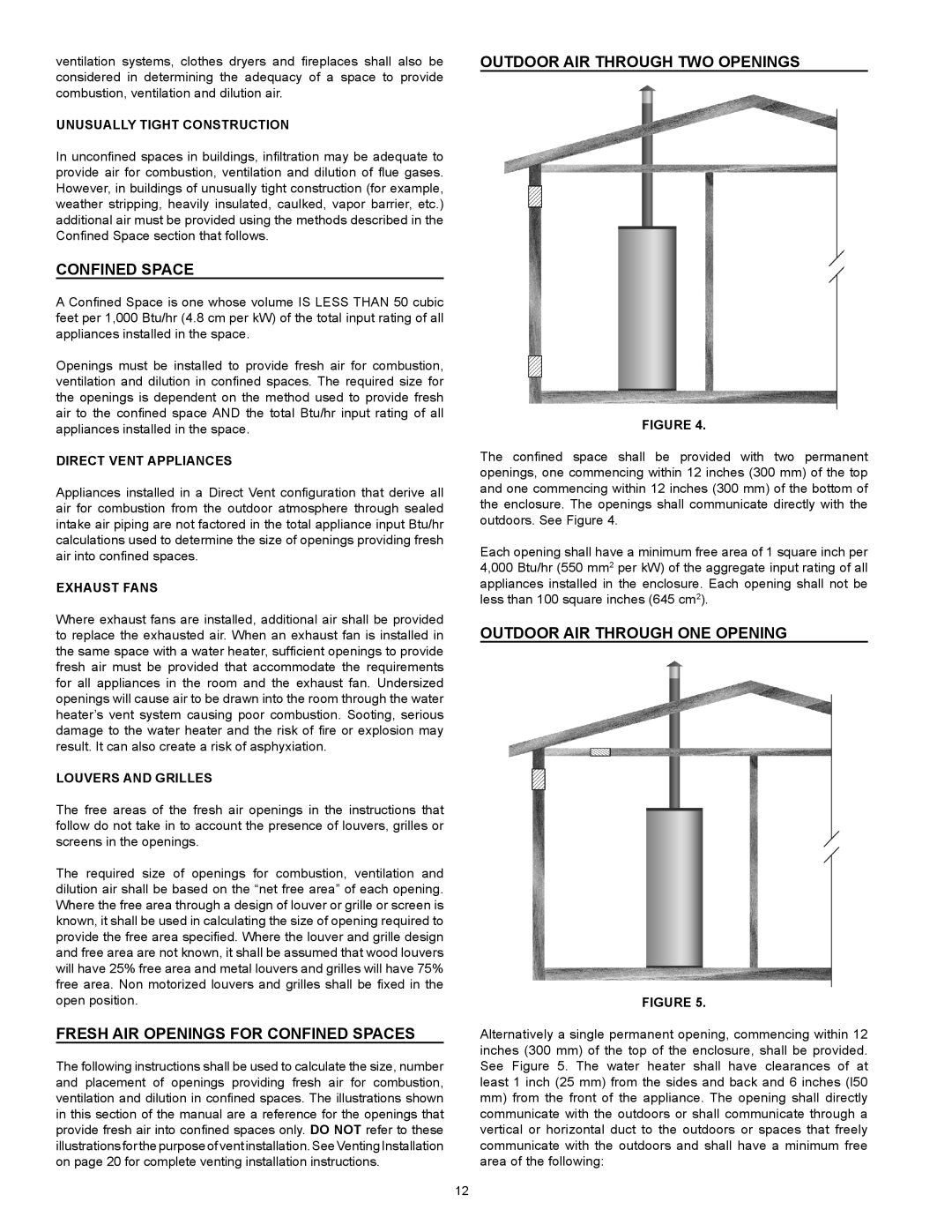 A.O. Smith 317443-000 instruction manual Fresh Air Openings For Confined Spaces, Outdoor Air Through Two Openings 