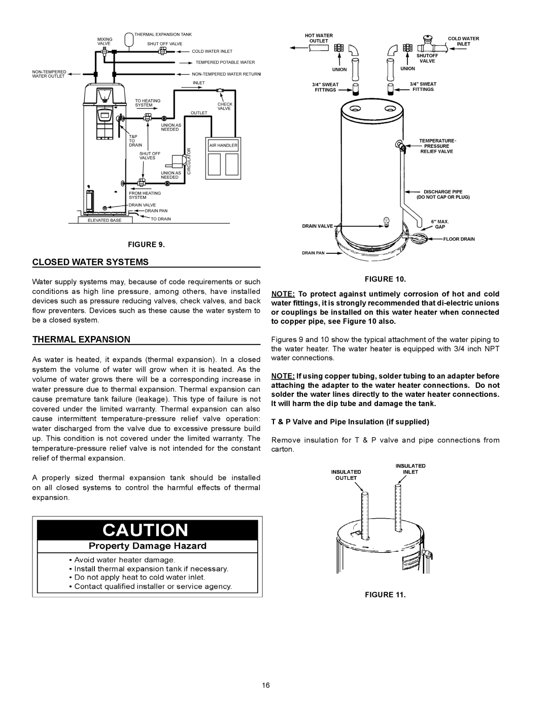 A.O. Smith 317443-000 instruction manual Closed Water Systems, Thermal Expansion, Valve and Pipe Insulation if supplied 