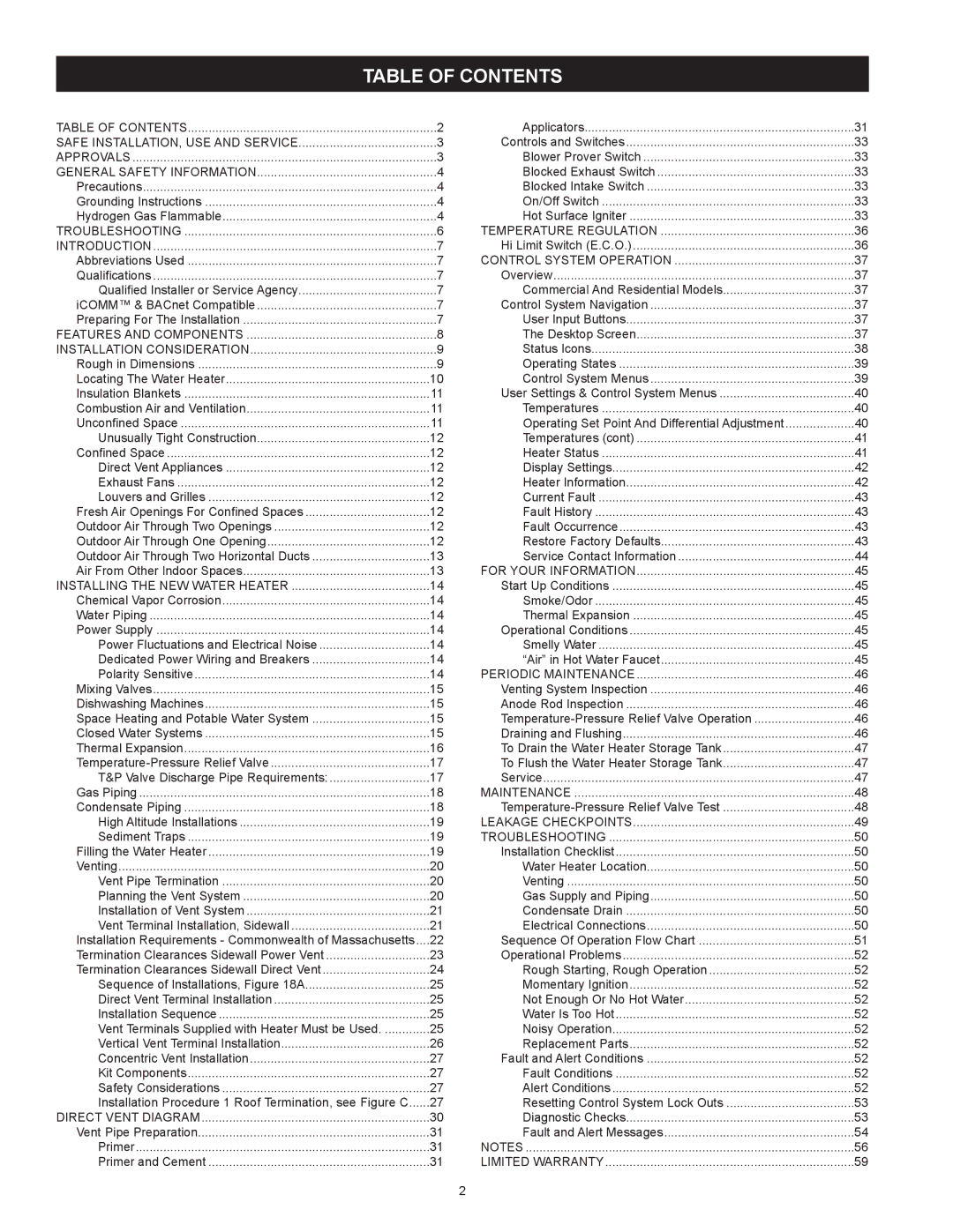 A.O. Smith 317443-000, 100 Power Vent DV Series 120 instruction manual Table of contents 