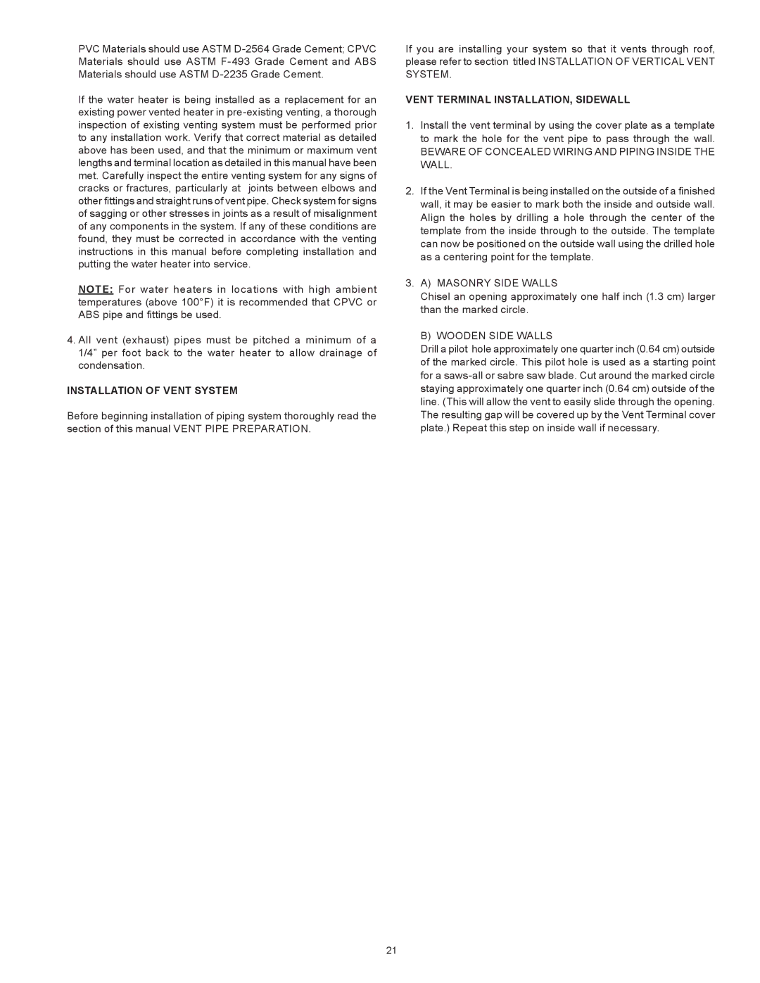 A.O. Smith 100 Power Vent DV Series 120, 317443-000 Installation of Vent System, Vent Terminal INSTALLATION, Sidewall 