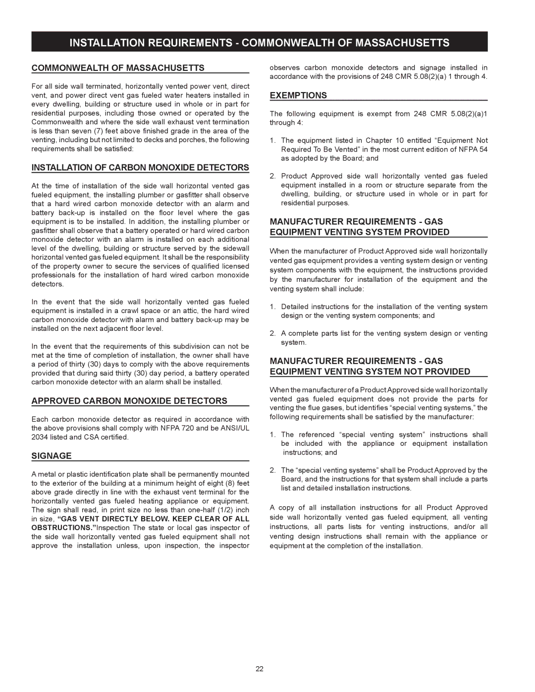 A.O. Smith 317443-000 Installation Requirements Commonwealth of Massachusetts, Installation of Carbon Monoxide Detectors 