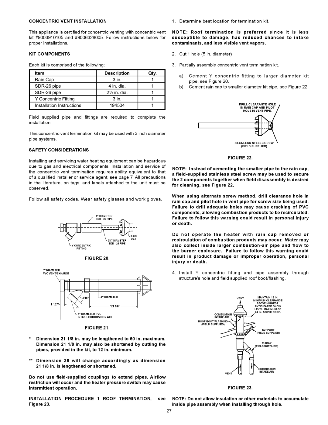 A.O. Smith 100 Power Vent DV Series 120, 317443-000 Concentric vent installation, KIT Components, Description Qty 