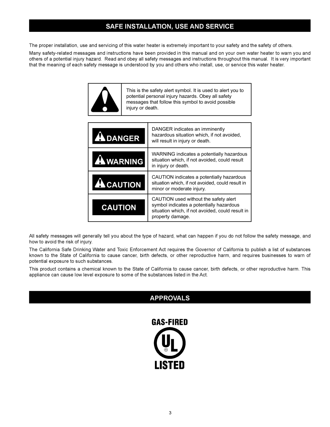 A.O. Smith 100 Power Vent DV Series 120, 317443-000 instruction manual Safe installation, use and service, Approvals 