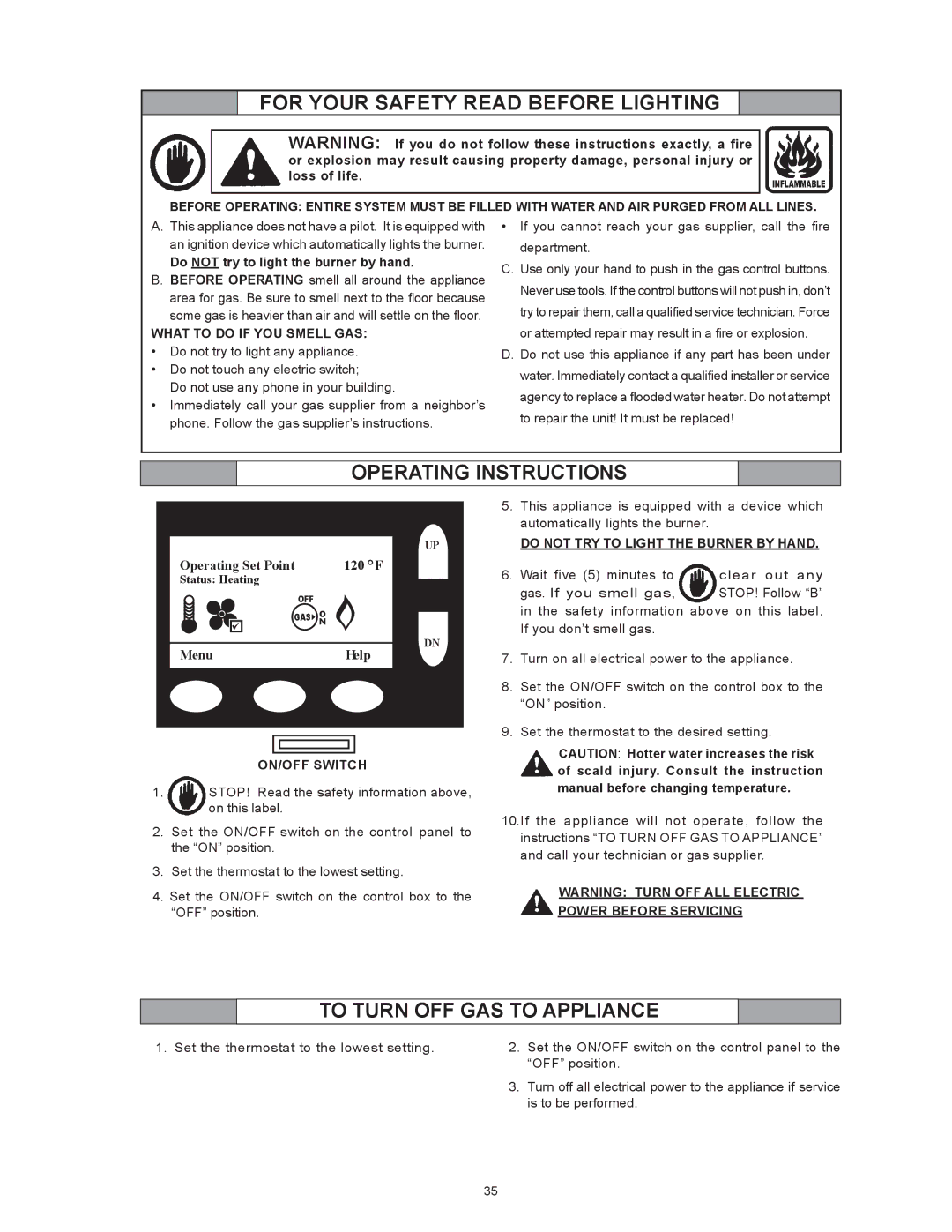 A.O. Smith 100 Power Vent DV Series 120, 317443-000 Do not try to light the burner by hand, What to do if YOU Smell GAS 